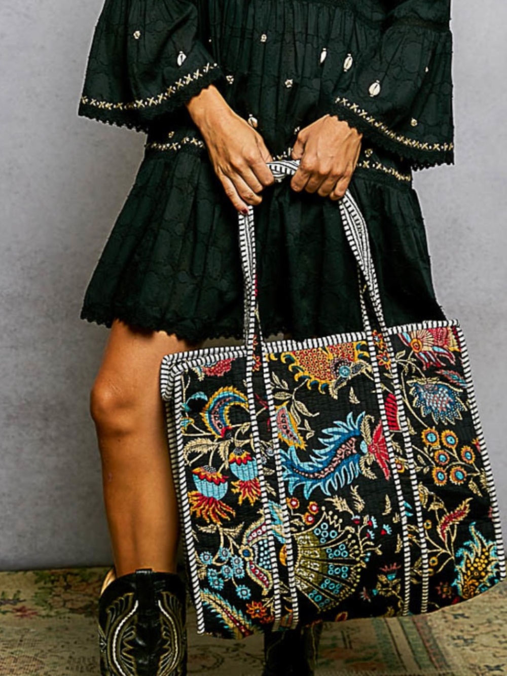 POL Black Multicolor Floral Tropical Print Quilted Tote Shoulder Bag